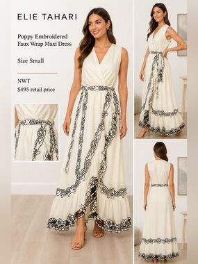 Elie Tahari Poppy Embroidered Faux Wrap
Maxi Dress Dessert Sand Sz 4/Small NWT